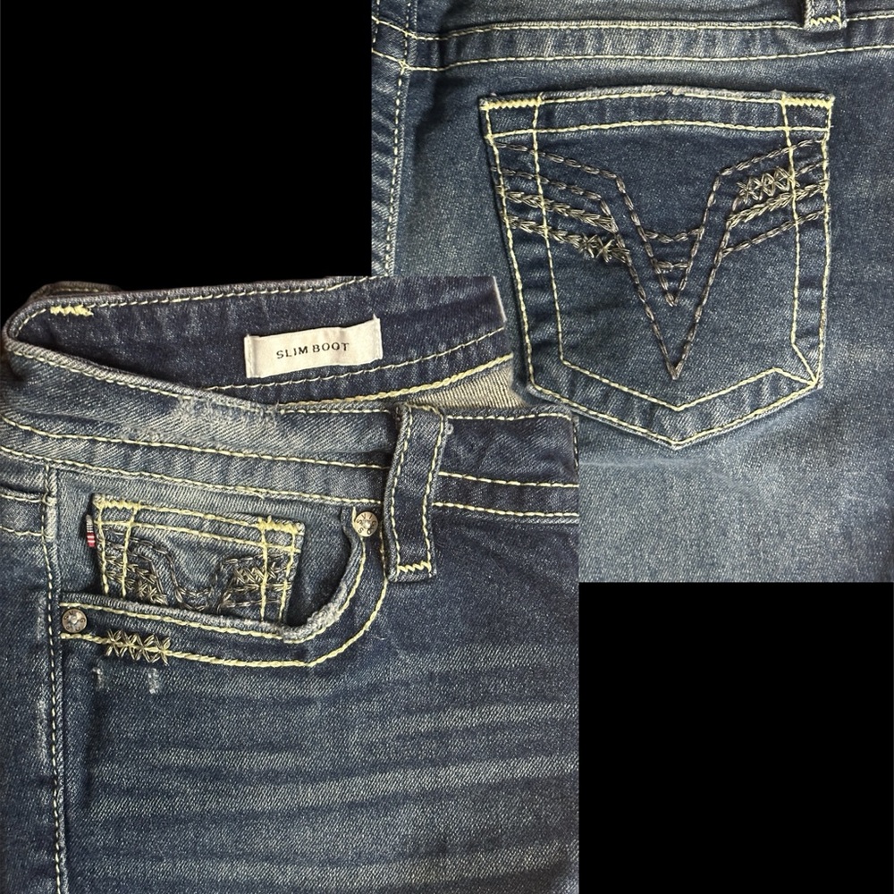 Vigoss Slim Boot Dark Blue Denim Jeans with Button Accents